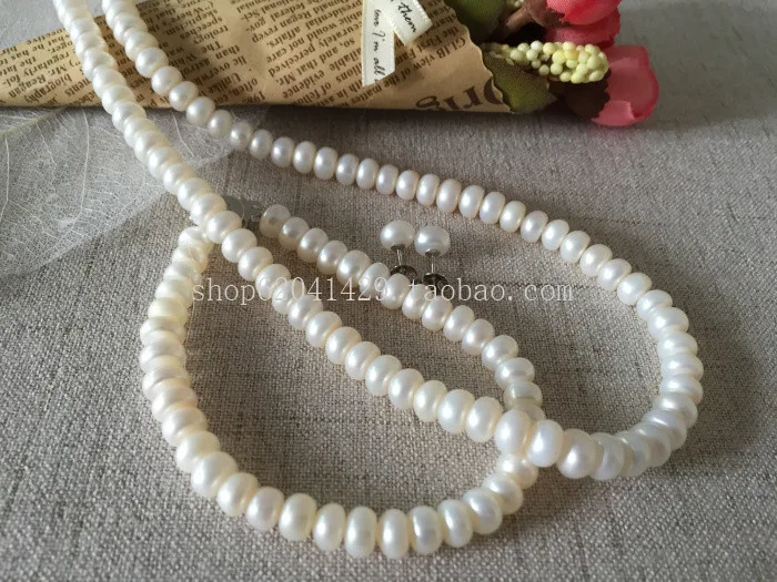 Белый цвет натуральный пресноводный жемчуг комплект ювелирных изделий, мм 7-8 мм жемчужное ожерелье/браслет/серьги комплект, Модный