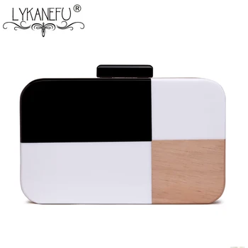 

LYKANEFU Wood Women Evening Bag Clutch Purse Women Bag Designer Day Clutches Ladies Hand Bag Box Purses with Chain Shoulder Bags