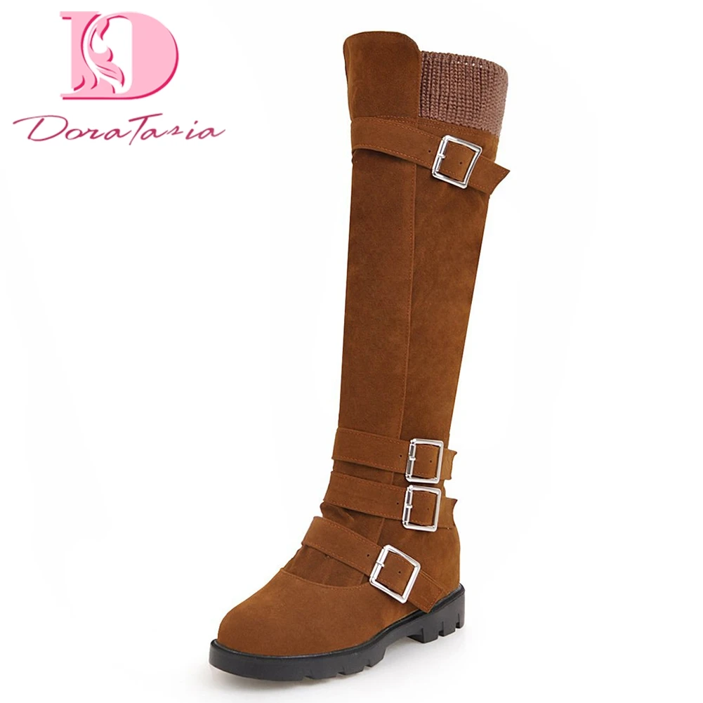

DoraTasia Brand plus size 34-43 best quality Buckles Winter riding Boots Female Shoes Woman Zip Up Knee High Boots Woman Shoes