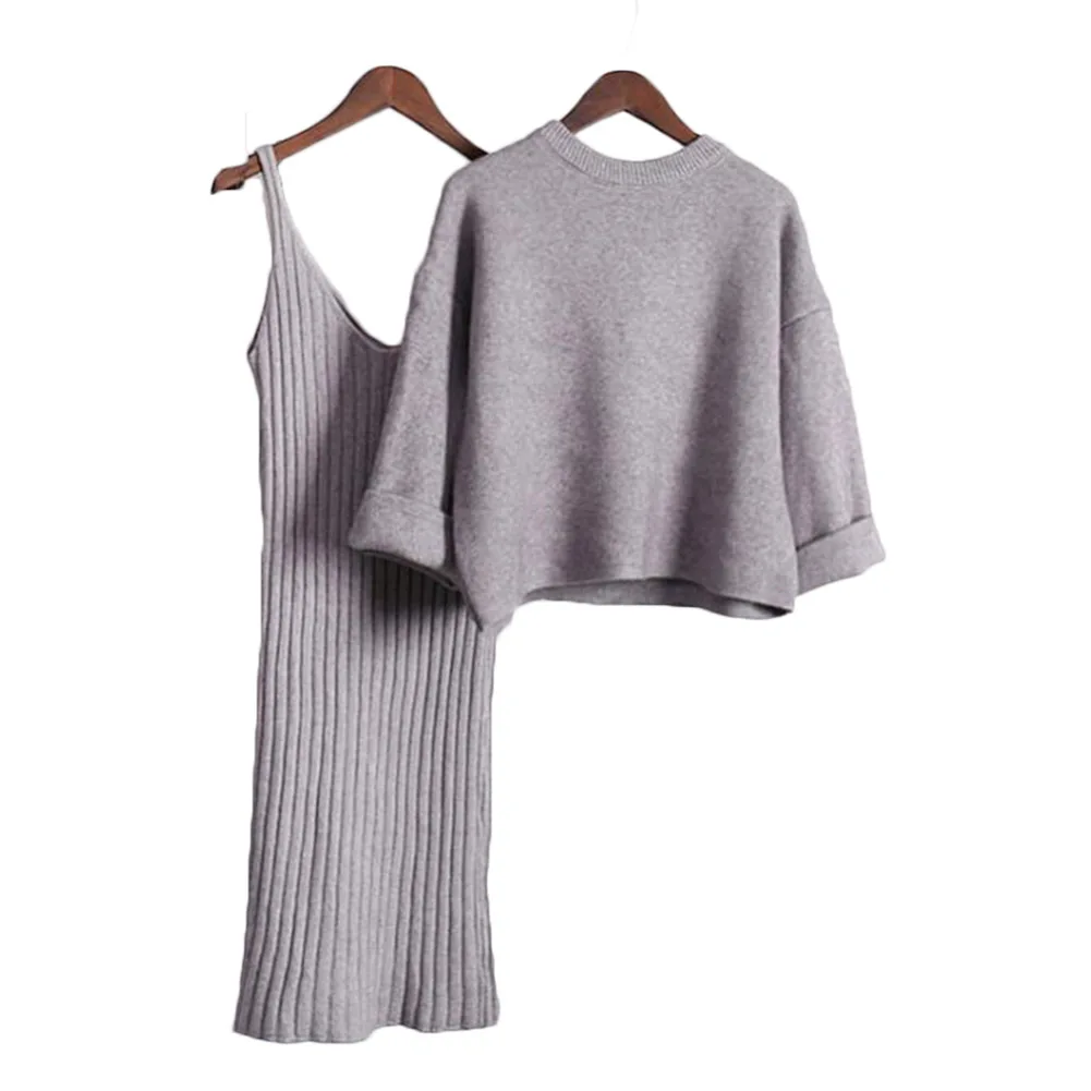 

YJSFG HOUSE 2Pcs Women's Sets Knit Suit Dress Pullover Long Sleeve Autumn Winter Warm Sweaters Dress Ladies O-Neck Tops Elegant