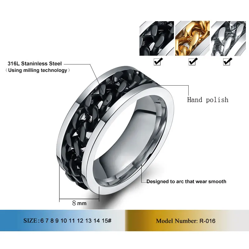 Vnox Spinner Black Chain Ring for Men Punk Titanium Steel Metal