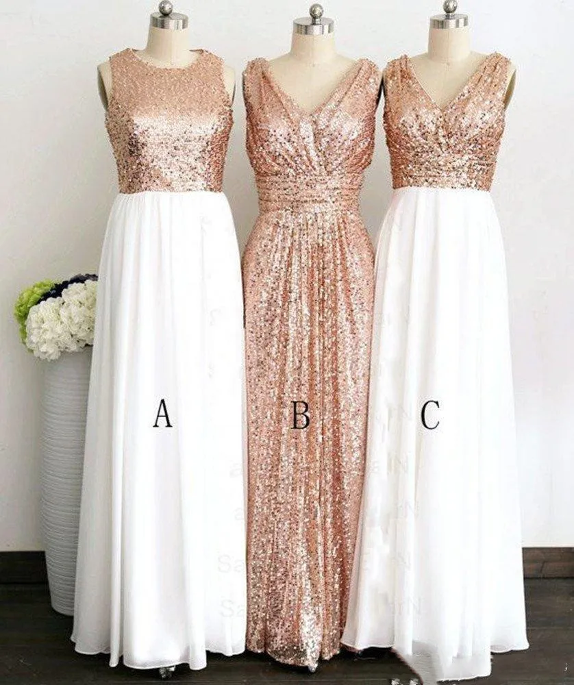 

Rose Gold Sequined Three Different Style Long Bridesmaid Dresses For Wedding Elegant Maid Of Honor Gowns Women Formal Party gown