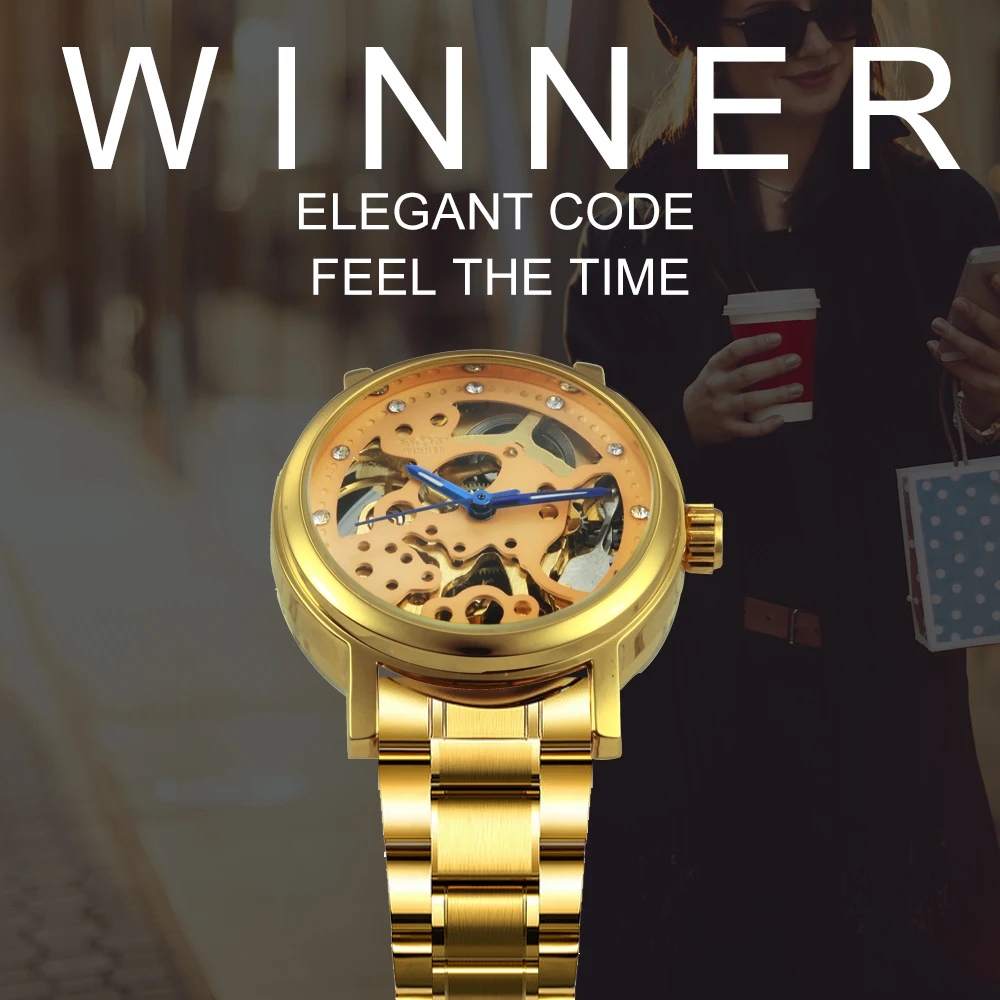 Победитель официально-деловое платье элегантный Для женщин часы Мужские автоматические часы со скелетом циферблат часы Элитный бренд Нержавеющая сталь механические наручные часы