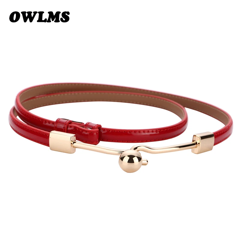 Cinturones de charol caramelo mujer, Cinturón fino, Color negro, rojo, blanco, PU, hebilla dorada|Cinturones de