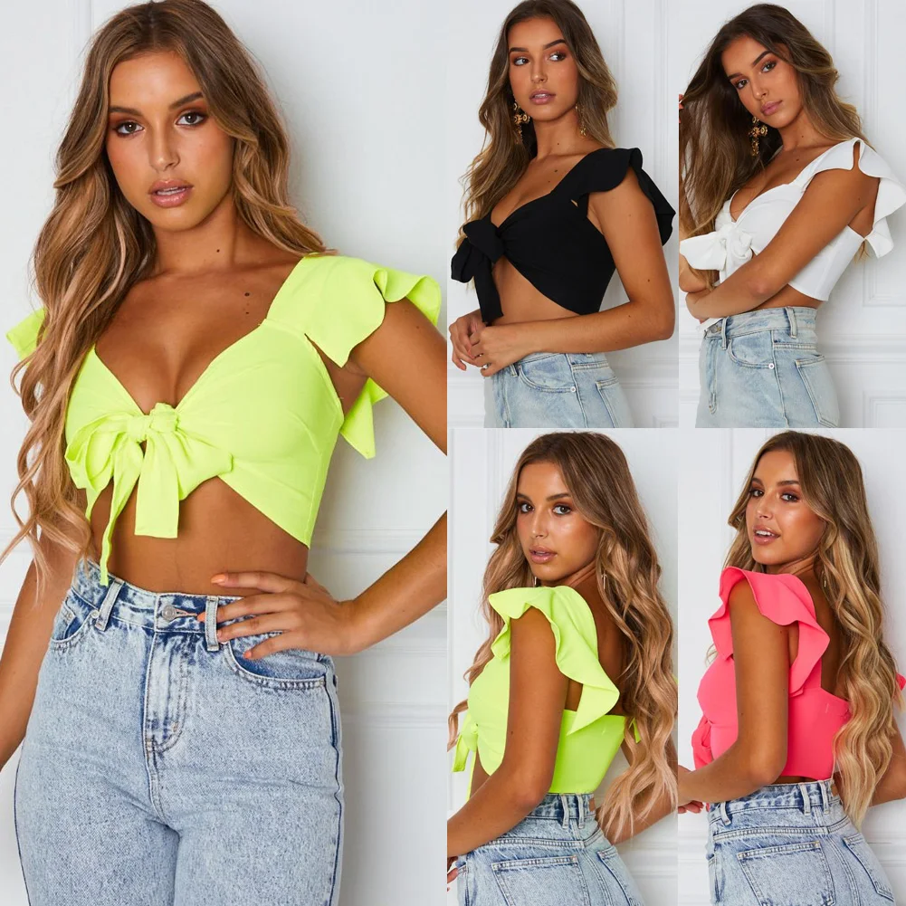 Latest Popular Women Short Ruffled Sleeve Crop Top Front Knot Tie Ladies Casual Plain Tanks Tops Summer Short Tops with Bow