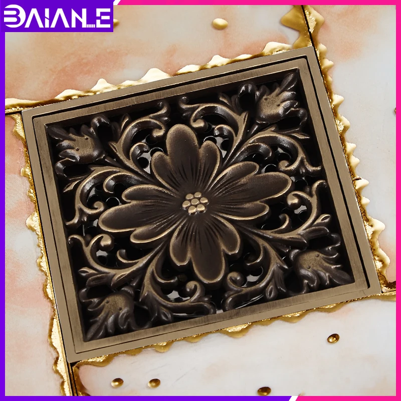 Floor Drain Cover Square Antique Brass Bathroom Shower Drainer Filter Anti-odor European Style Tile Insert Floor Waste Grates