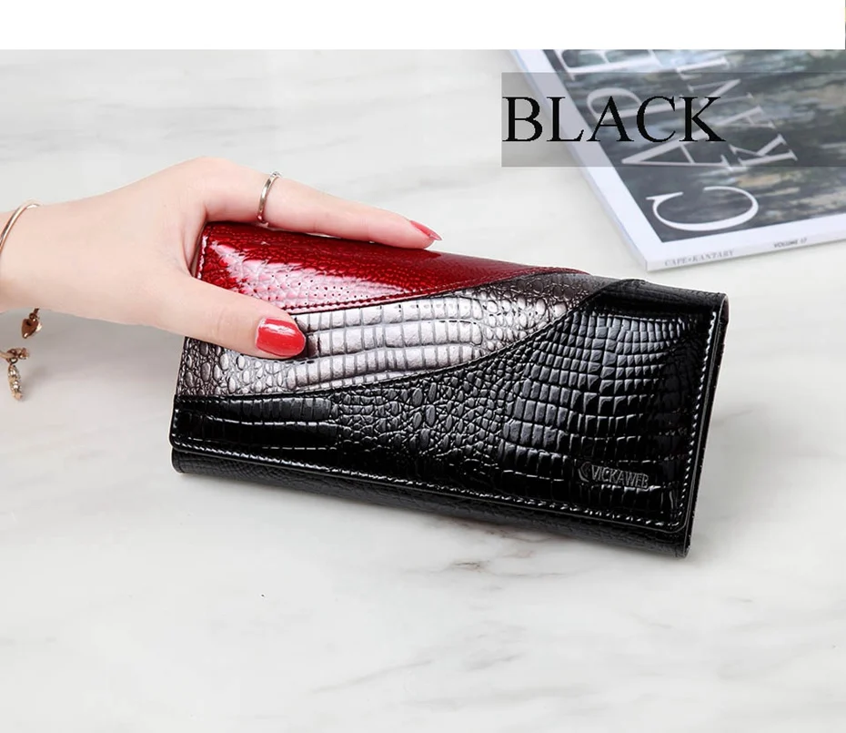 VICKAWEB Wallet Female Patchwork Long Women Wallets Genuine Leather Purses Ladies Vintage Hasp Purse Alligator Standard Wallets-AE150-1-014
