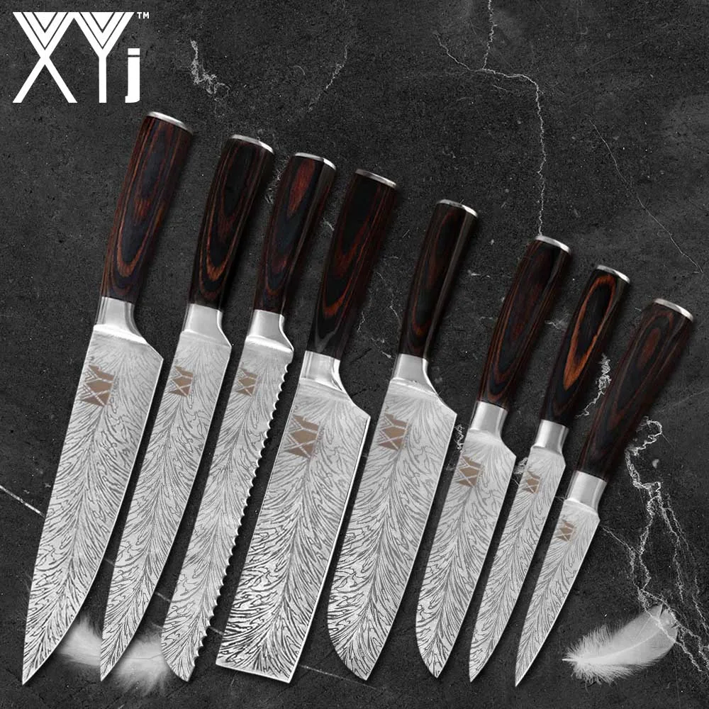 XYj японский набор кухонных ножей Santoku, нож для нарезки хлеба, нож для очистки овощей, нож с 6/8 дюймовым держателем для ножей - Цвет: F 8 PCS Sets