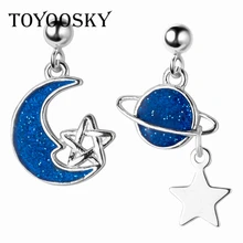 Асимметричные серьги-гвоздики с голубыми звездами и Луной для девочек-подростков, 925 пробы серебряные модные ювелирные изделия, подарок на день рождения