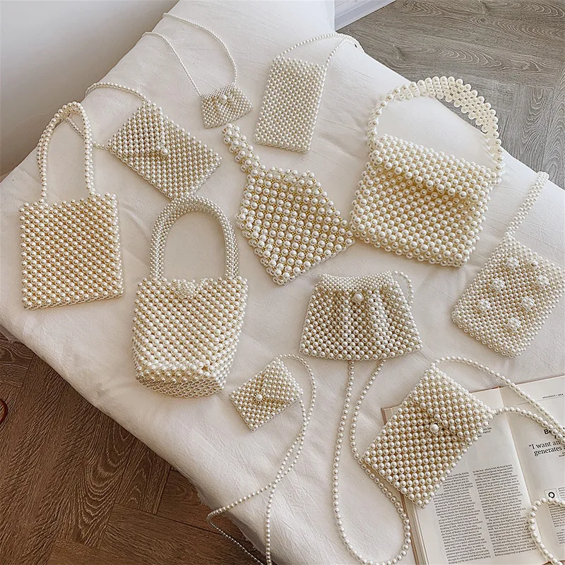

Hand-woven Pearl Bags Women Handbags Elegant Beaded Shoulder Bag Ladies Evening Party Messenger Crossbody Bags MIni Phone Purse