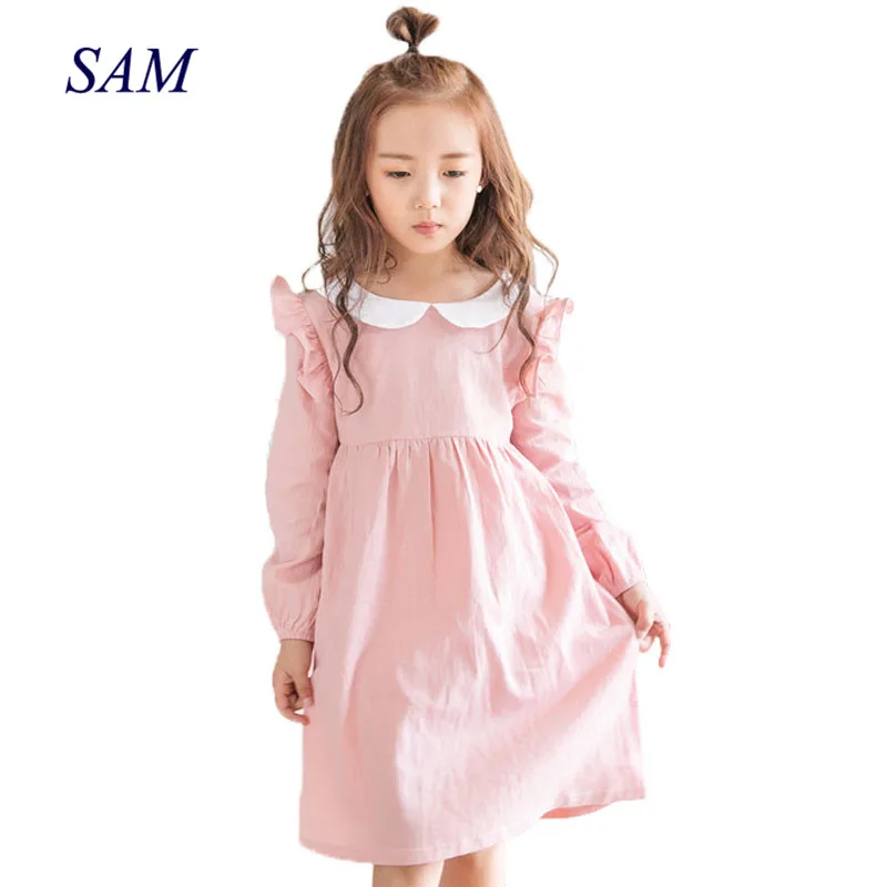 

2018 Princess dress girls doll collar pink dresses wooden ear sweet pleated dress cotton lantern sleeved dress