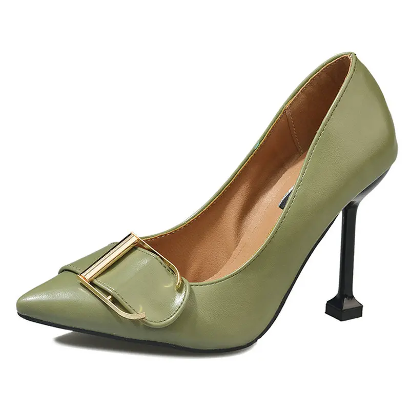 New Arrival Women PU Leather Black And Army Green Pumps Female Buckle