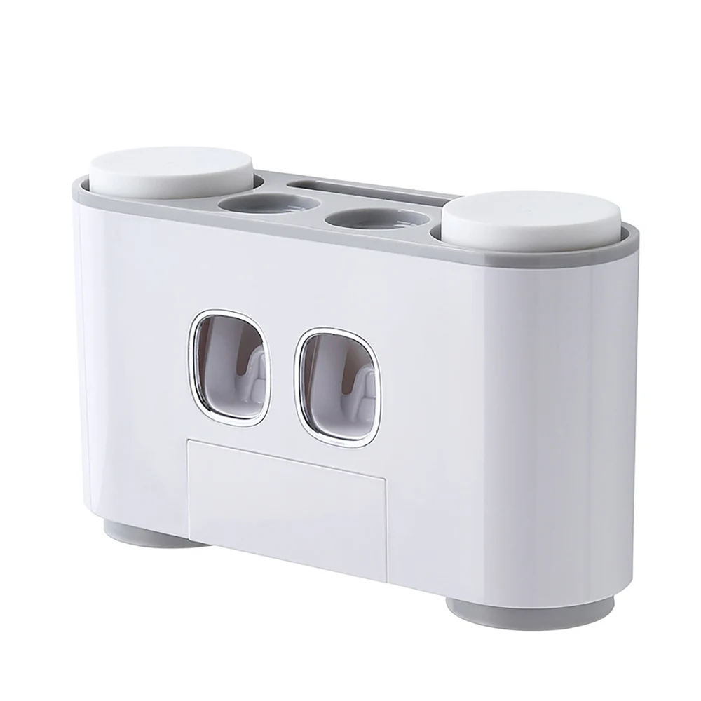 Настенный автоматический выдавливатель зубной пасты Зубная щетка с дозатором держатель на присоске набор аксессуаров для ванной стеллаж для хранения с 4 чашками - Цвет: Серый