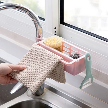

Household Faucet Clip Drain Rack Kitchen Sink Rag Holder Soap Storage Box (Gray)