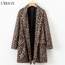 LXUNYI длинное леопардовое пальто из искусственного меха для женщин двубортное теплое зимнее пальто с длинными рукавами женское повседневное пальто с отложным воротником