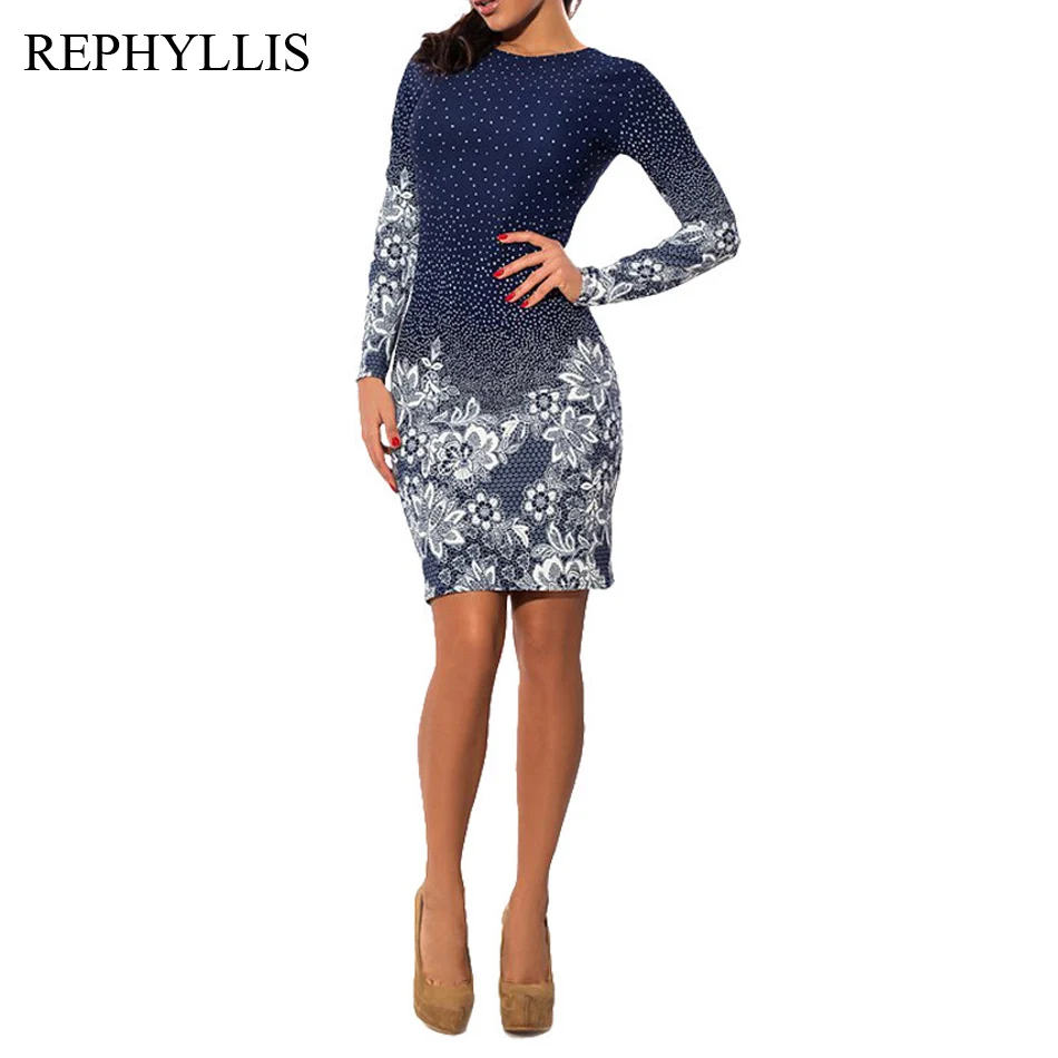 

REPHYLLIS Women Scoop Neck Long Sleeve Printing Office Lady Floral Bodycon Pencil Midi Elegant Work Dress