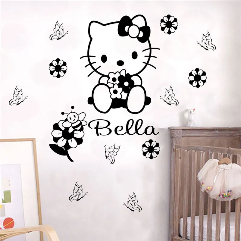 Пользовательское имя мультфильм hello kitty настенные наклейки Детские Настенная Наклейка для комнаты Персонализированная Наклейка на стену для девочек Детская комната