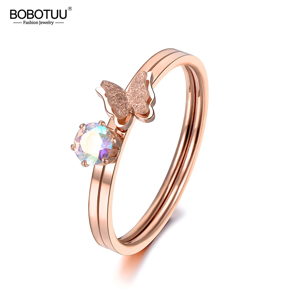

BOBOTUU Stainless Steel 2 In 1 Rings Buttfly Colored Zircon Ring Cute Rose Gold Color Jewelry For Valentine's Day Gift BR18141