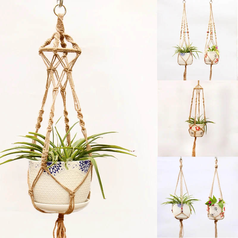 Vintage Macrame Flower Pot Plant Hanger Garden Holder Legs Hanging Rope Basket