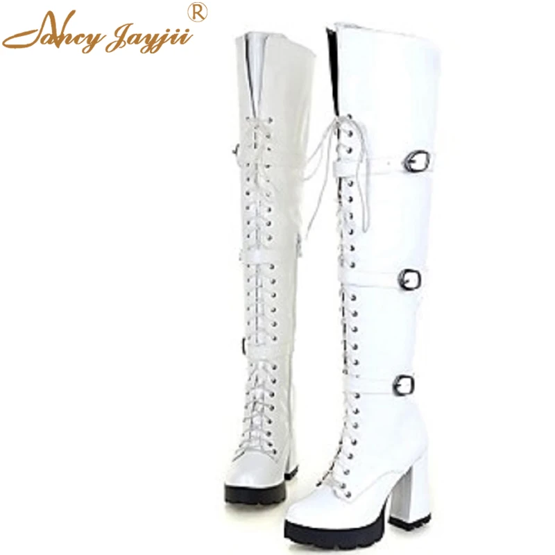 Nancyjayjii White Red Black Women New Round Toe Chunky High Heel Leather Over The Knee Autumn Boots Shoes Women Casual Outdoor