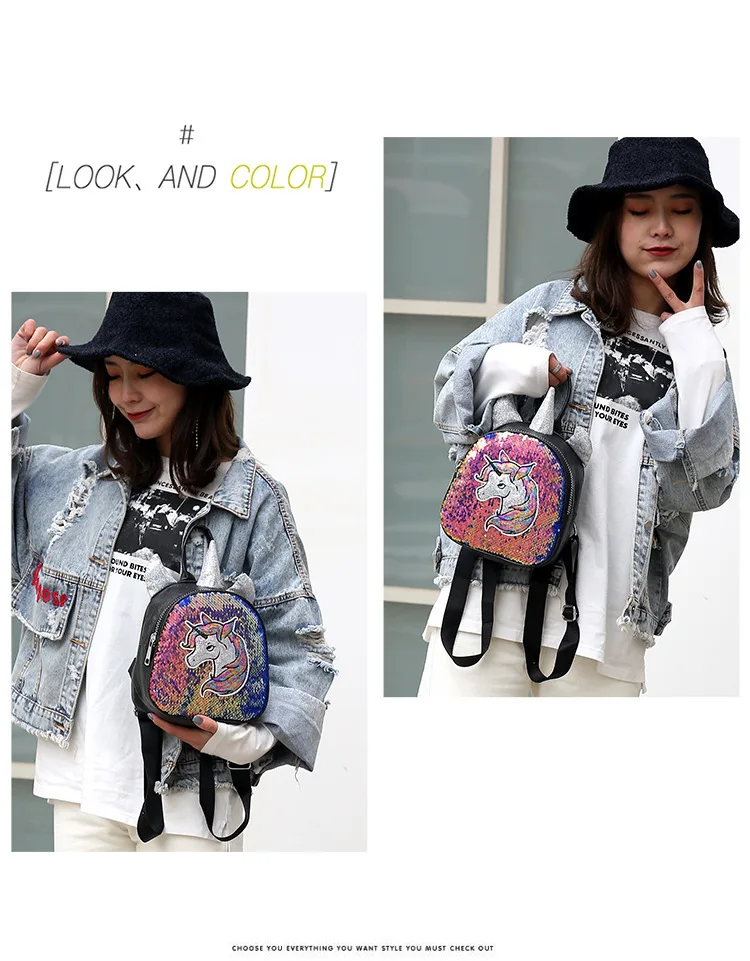 Summer New Children's Backpack Cartoon Cute Sequins Unicorn Fashion Bright Women Backpack Small School Bag for Teenage Girl