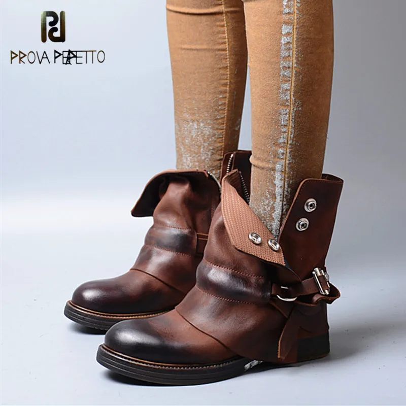 

Prova Perfetto 2018 Euramerican Style Do the Old Retro Martin Ankle Boots Low Heel Casual with Side Zipper Knight Boots