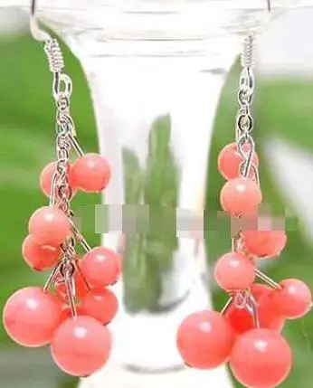 

Free Shipping >> new hotSALE GENUINE 4 to 6mm Round Natural Pink coral 2" Grape Dangle earring hook-e106