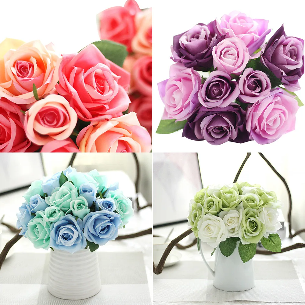 9 Heads Artificial Silk Fake Flowers Leaf Rose Wedding Floral Decor Bouquet Flowers for Home Wedding Decoration indoor#T1P