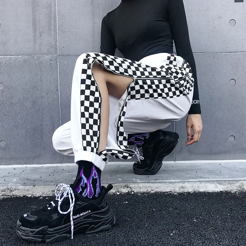 

Patchwork Checkerboard Harem Pants Women Plaid High Waist Cargo Pants Capri Streetwear Harajuku White Ladies Trousers