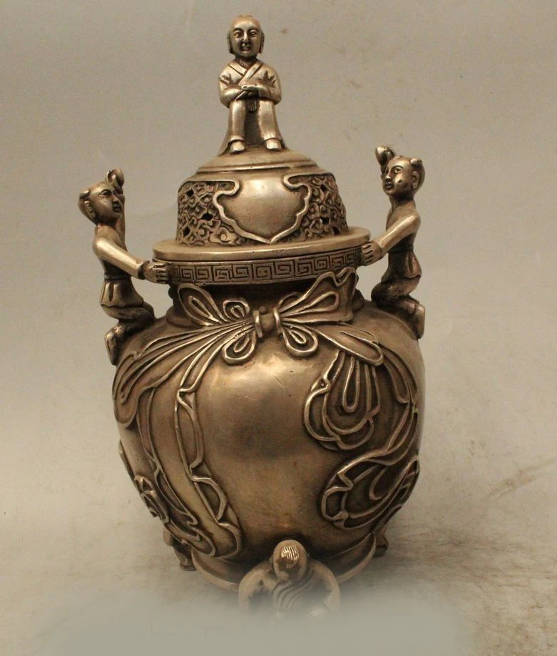 

DS 10"Marked Chinese China Silver Dynasty Palace Three Boy Incense Burner Censer