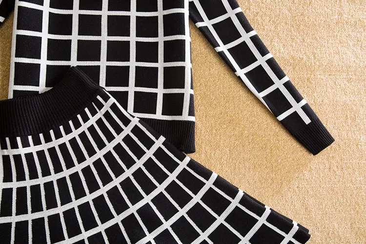 Новое поступление 2018, Женский брендовый дизайнерский вязаный комплект одежды в клетку, пуловер, свитер и А-образная широкая юбка, комплект