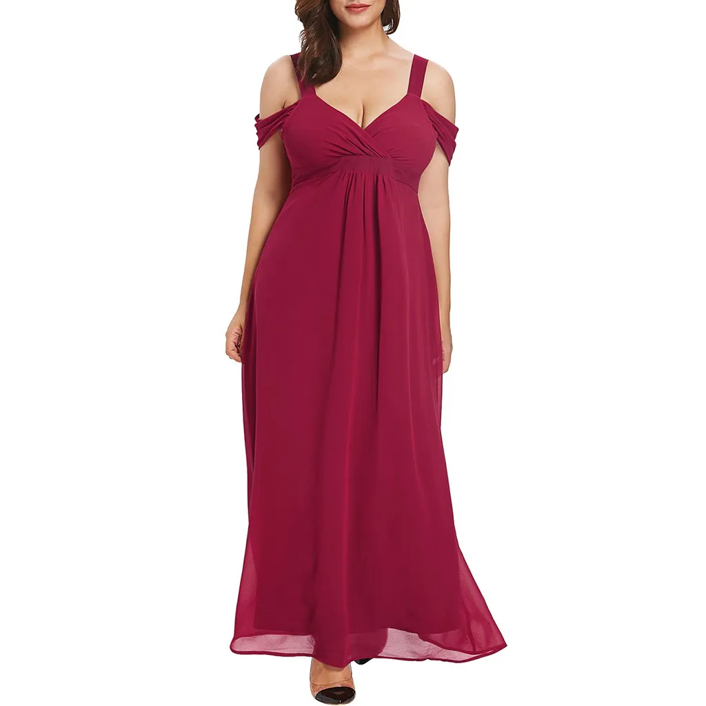 

JAYCOSIN 2019 New Summer Women Dress Chiffon Sexy Cold Shoulder V-Neck Plus Size Empire Waist Maxi Dress robe femme 19jun19
