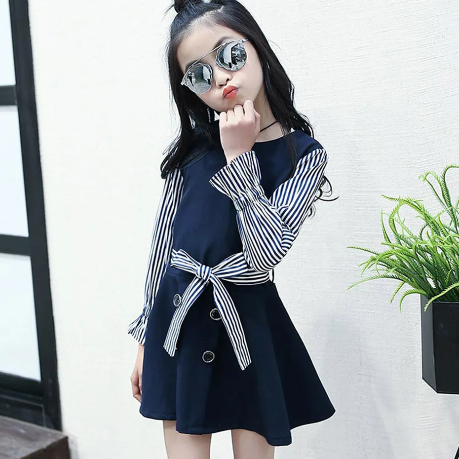 

Dress For Girls Patchwork Fake 2 Pcs Girls Dress Flare Sleeve Kids Dress Spring Summer Cute Girls Dresses 6 8 10 12 13 14 Year
