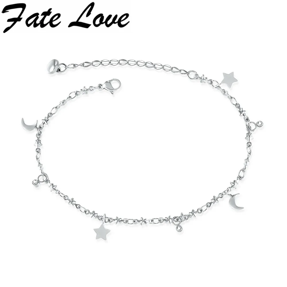 

Fate Love Fashion Christmas Gifts For Girls Stainless Steel Star+Moon Thin Chain Anklets Tiny Beads Beach Anklet Jewelry FL043