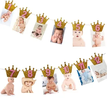 MEJOR OFERTA ❤️ 12 marco de fotos de meses Banner primeros adornos para fiesta de cumpleaños niños 1er bebé niño niña 1 año suministros de cumpleaños - discount item 28% OFF Casa y jardín