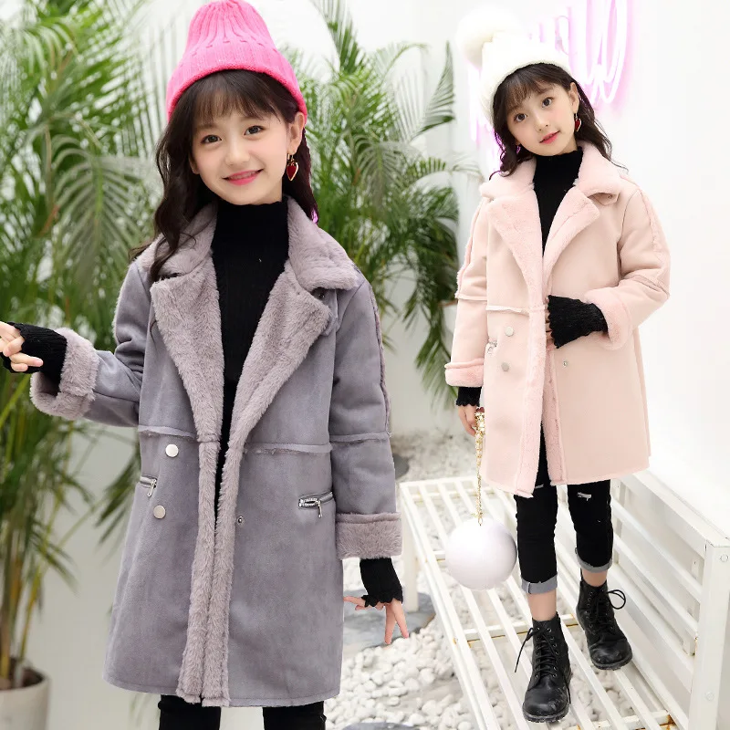 

Winter Fashion Thicken Warm Cotton Child Long Coat Suede Velent Baby Girls Jackets Children Outerwear For 4-14 Years Old