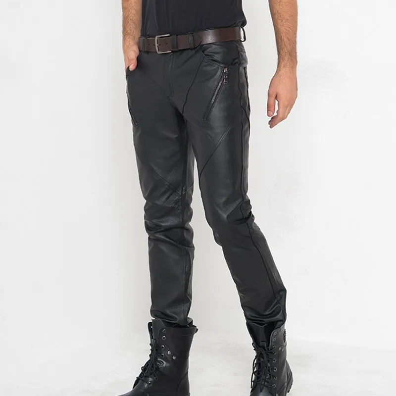 Натуральная кожа длинные штаны Для мужчин Уличная High Street Повседневное двигателя тонкий узкие джинсы Классические в стиле панк Модные Calca человек