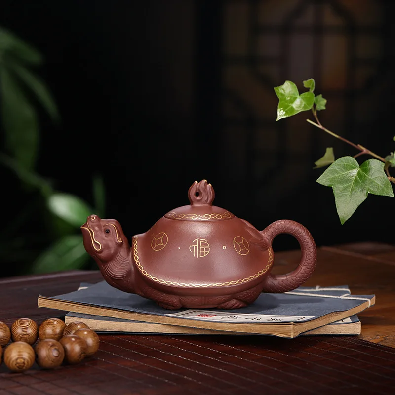 

Yixing Dark-red Enameled Pottery Teapot Famous Competitive Products Manual Make Raw Ore Purple Mud Tortoise Pot Gift Tea Set