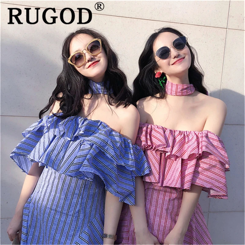 RUGOD Элегантное летнее платье в полоску для женщин Корейский шик оборками с открытыми плечами миди платья vestidos мода линия женская одежда