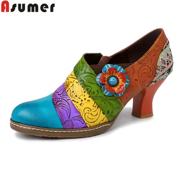 

ASUMER size 36-42 genuine leather shoes women round toe zip med heels shoes mixed colors zip Vintage Style pumps shoes women