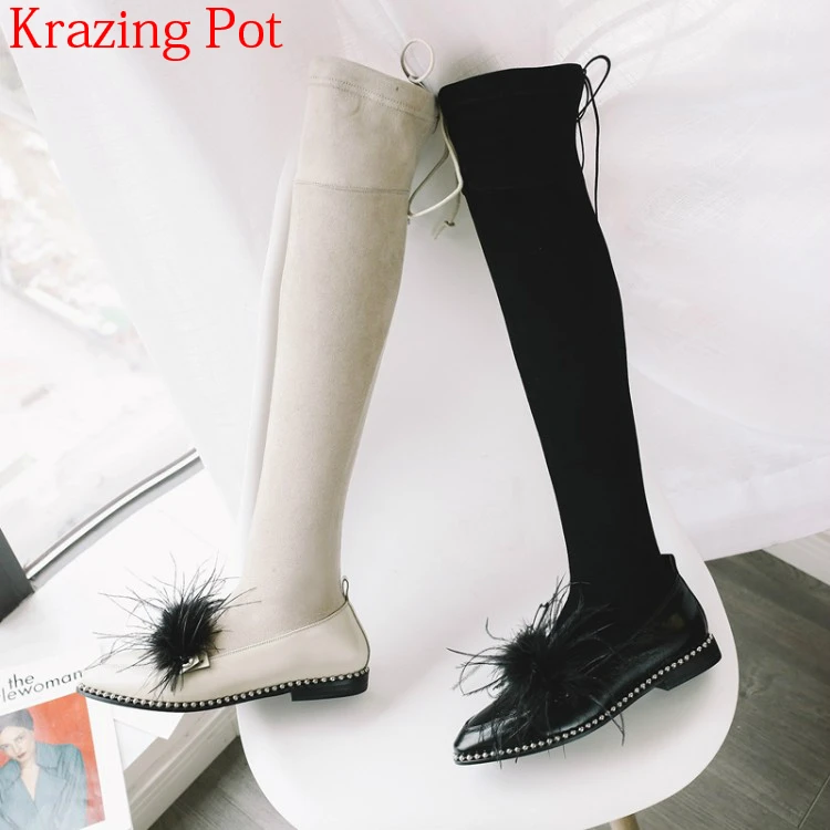 

2019 New Arrival Genuine Leather Rivets Fur Velvet Solid Low Heel Stretch Thigh High Boots Solid Fashion Over-the-knee Boots L12