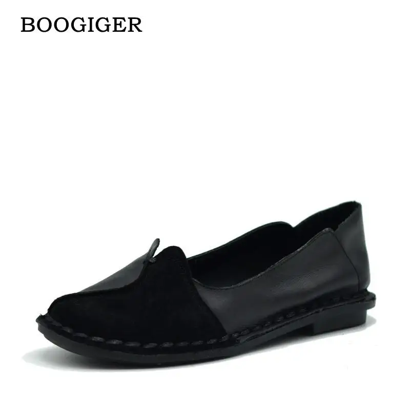 

Designer Women Flats Black 2017 Autumn Lady Loafers Slip On Soft Bottom Handmade Women Shoes Genuine Leather Black Ballet Flats
