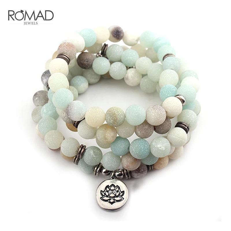 ROMAD Women's bracelet Matte Frosted Amazonite beads with Lotus OM Buddha Charm Yoga Bracelet 108 Mala Necklace dropshipping R4