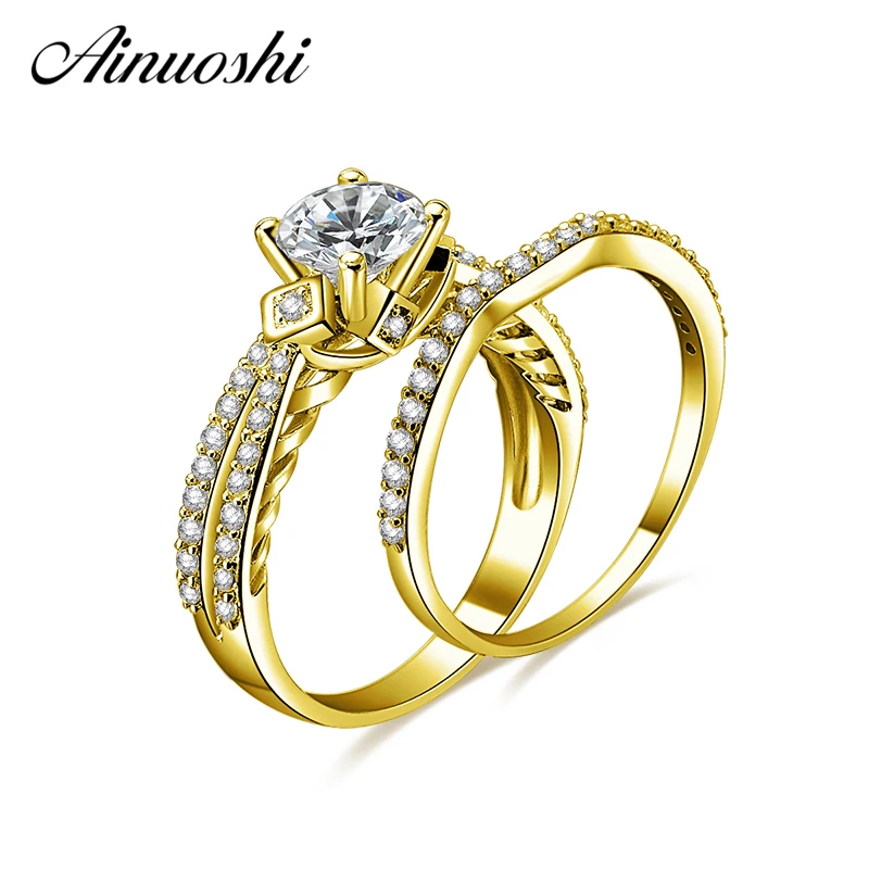 

AINUOSHI 14K Solid Yellow Gold Bridal Ring Set 4 Prongs 1ct Round Cut SONA Diamond Engagement Wedding Jewelry Real Gold Ring Set