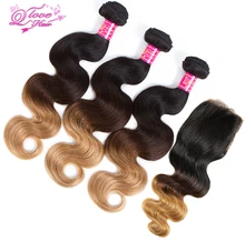 Queen Love Hair Ombre Indian Body Wave Hair Bundles With Closure 1B 4 27 3 Tone
