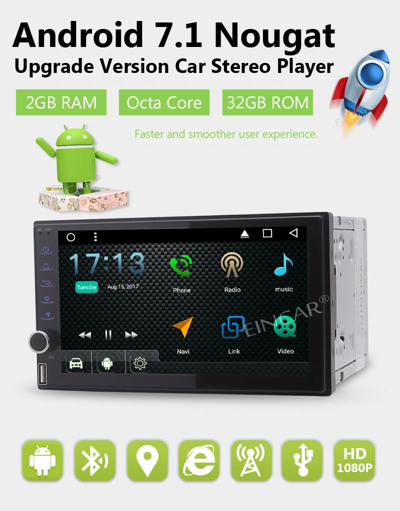 Best Eincar Car Stereo Touchscreen Head Unit Android 7.1 Car NO DVD Player GPS Navigation Autoradio Stereo Support Wifi USB/SD+Camera 2