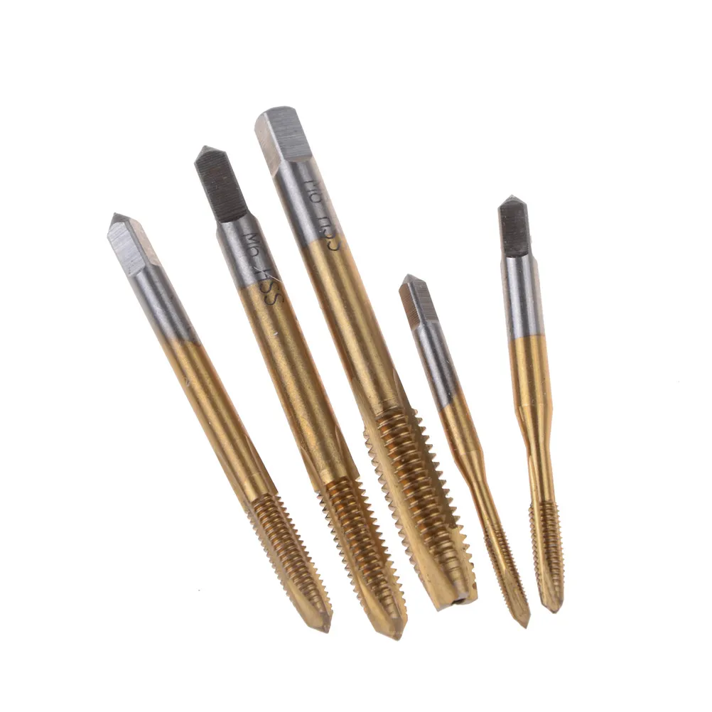 5pcs/set HSS Titanium Machine Right Hand Tap Drill 3 Flute M3 M4 M5 M6 M8 Spiral Point Thread Plug Handle Taps Die Set