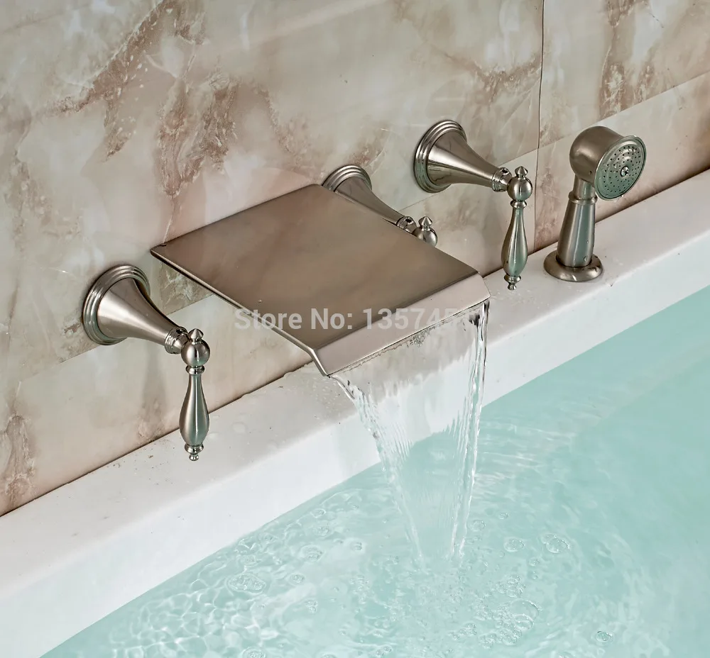 

Brushed Nickel Bathtub Faucet Wall Mount Waterfall Mixer Tap with Hand Shower