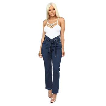 

Women Fashion High Waist Slim Straight Jeans Ladies Casual Pockets Denim Trousers Feet Pants With Belt Plus Size