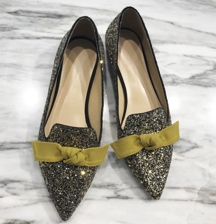 Stylesowner сладкий ботинок с банток острый носок Bling блёстки слипоны сезон: весна-лето обувь цвет серебристый, золотой черный на плоской подошв